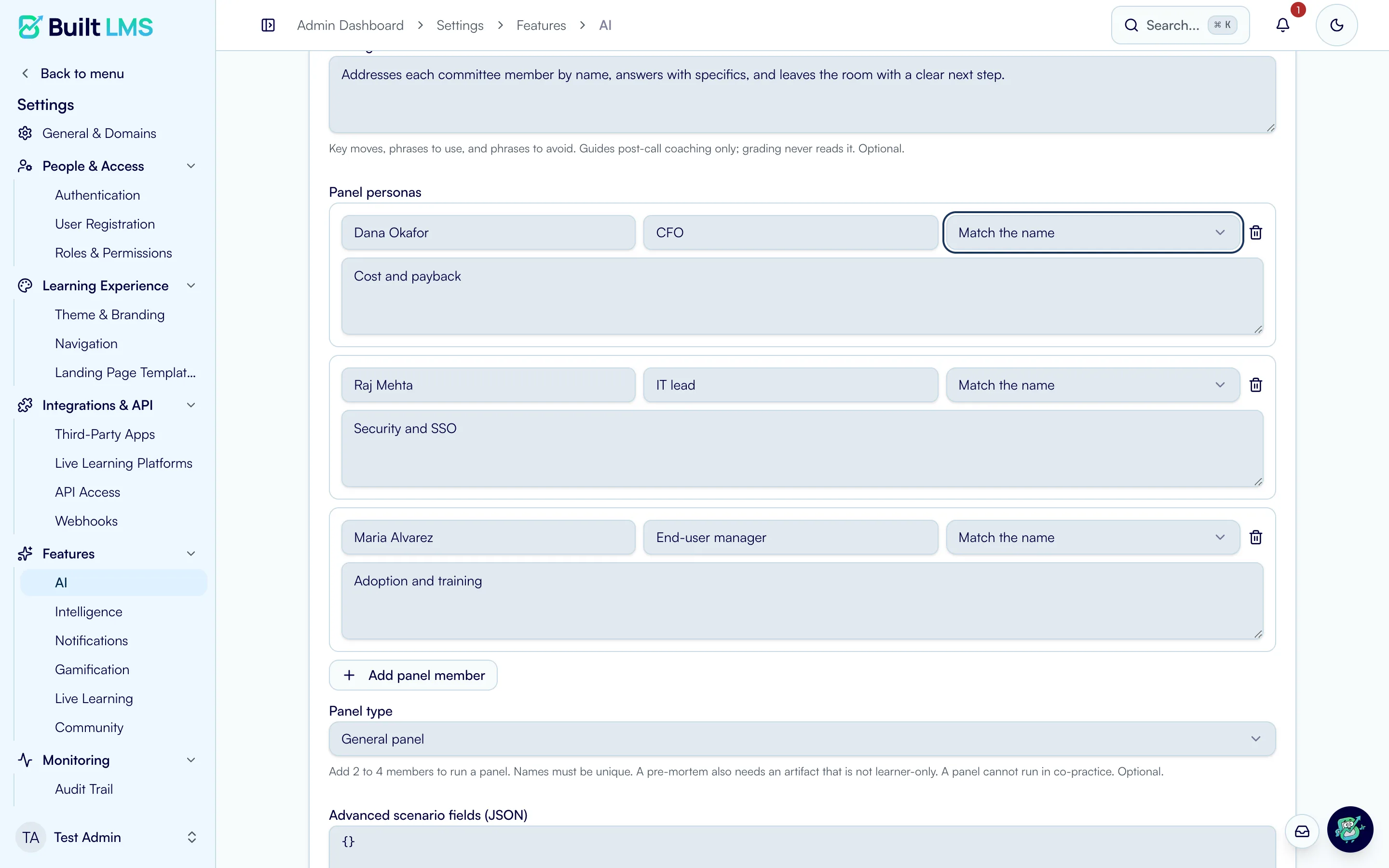 The scenario editor with three panel members and a voice picker for each