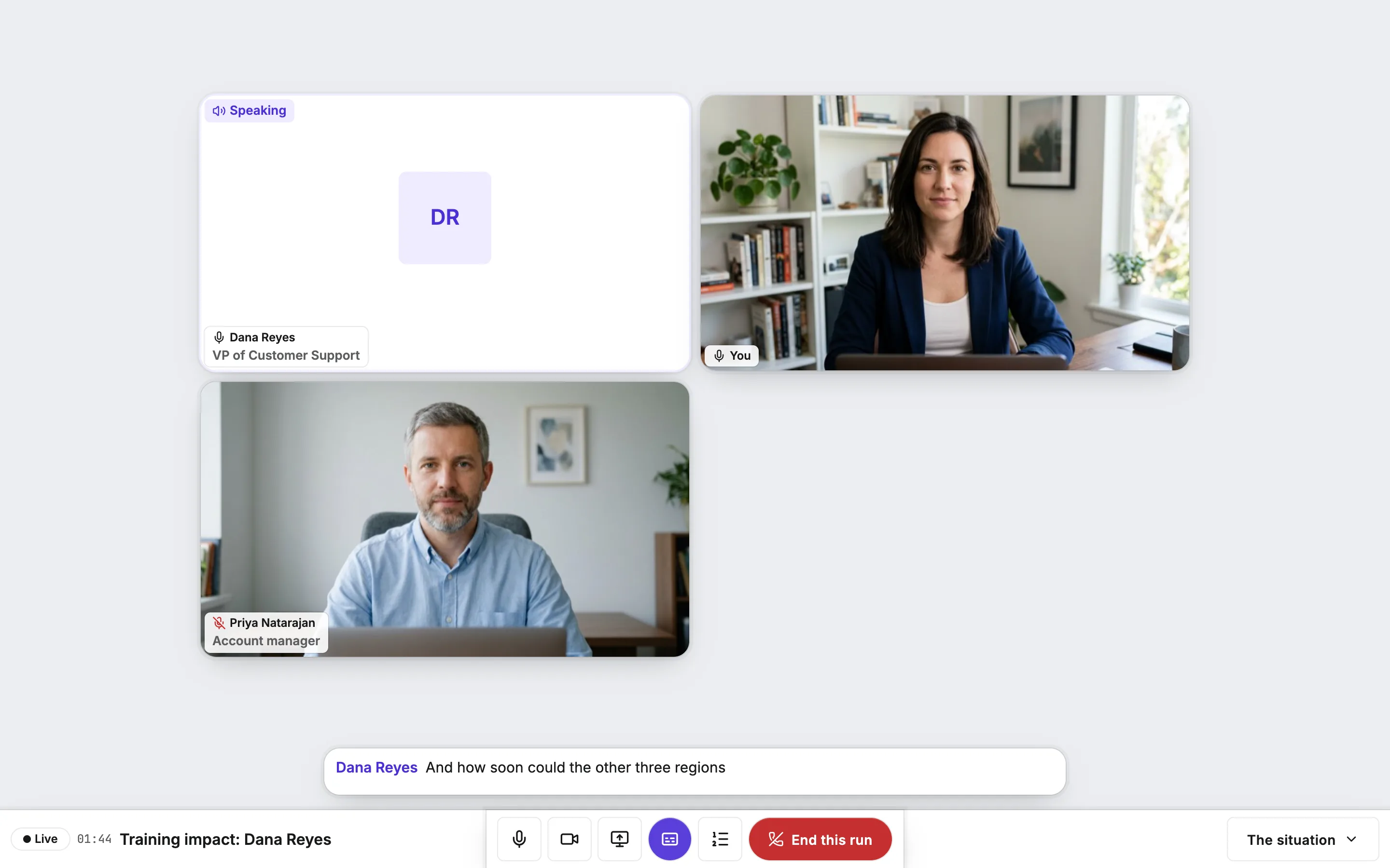 Two colleagues on a shared practice call, each labeled with their role