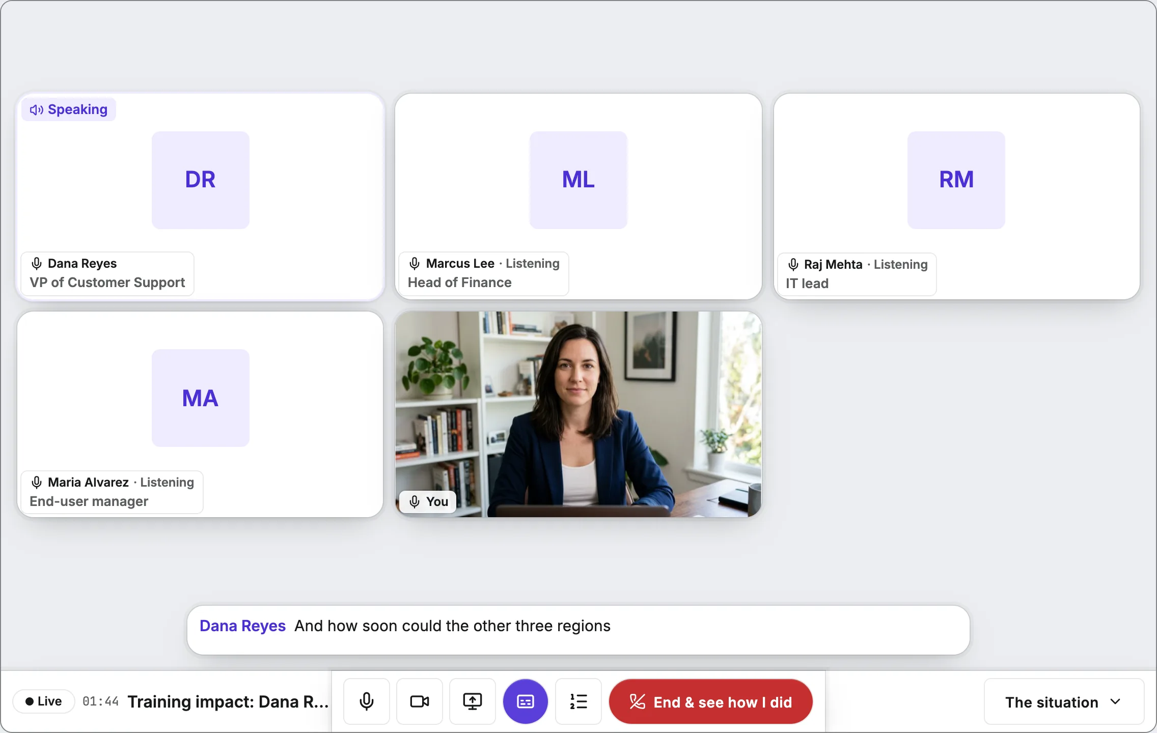 A practice call with a four-person buying committee, each speaker labeled