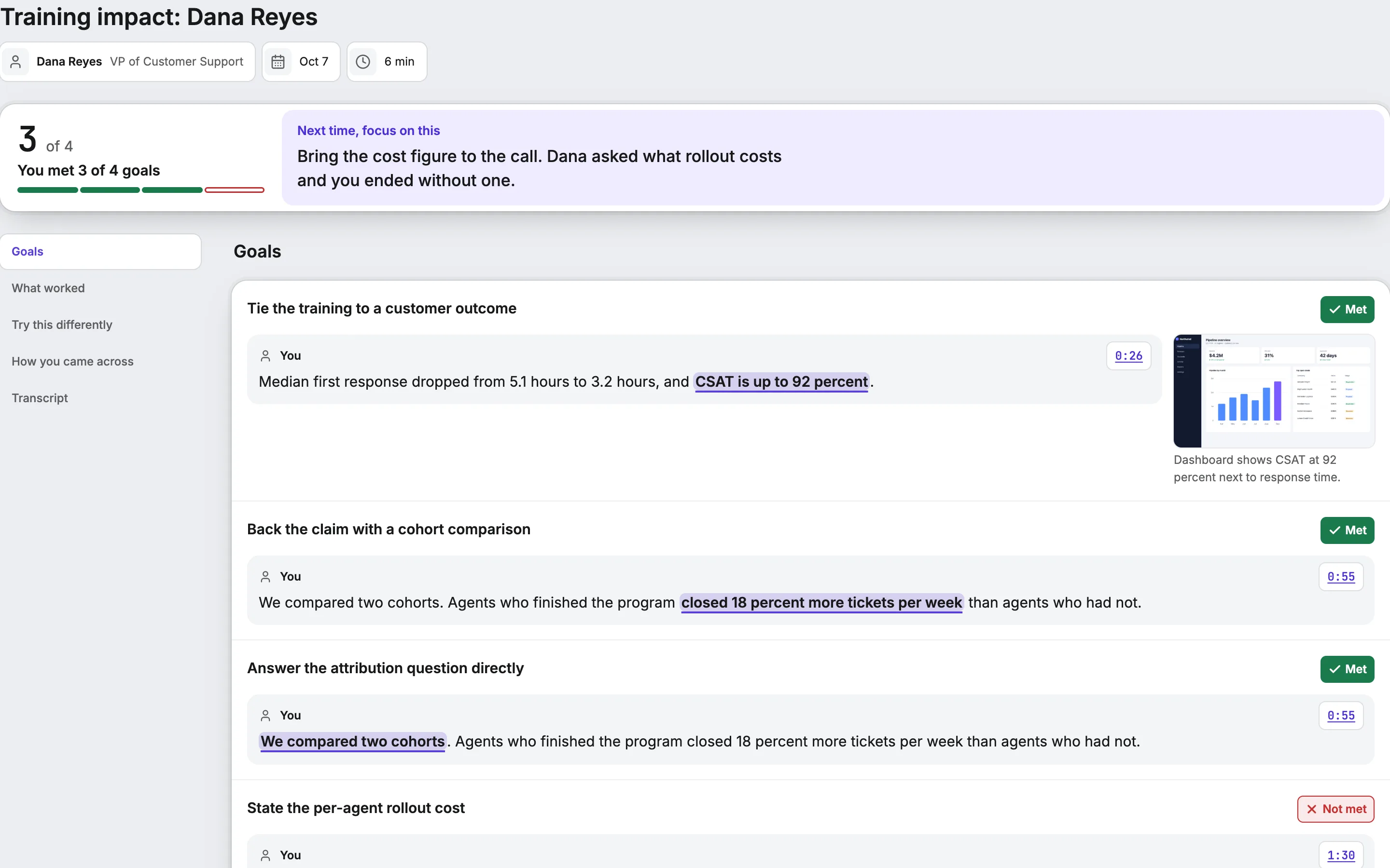 A results page with coaching that cites specific moments from the conversation