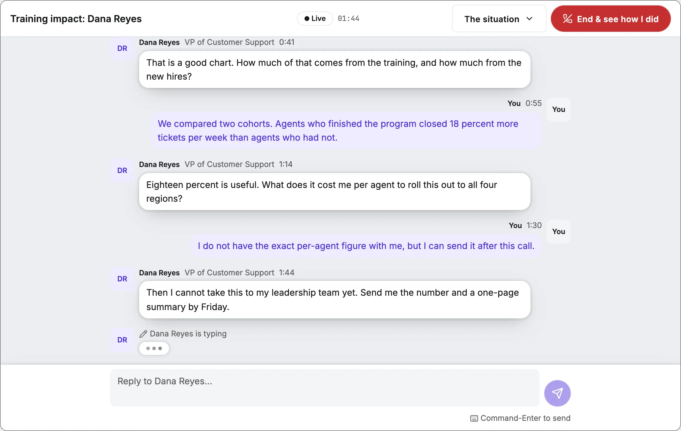 A text practice run where a support agent handles a refund demand