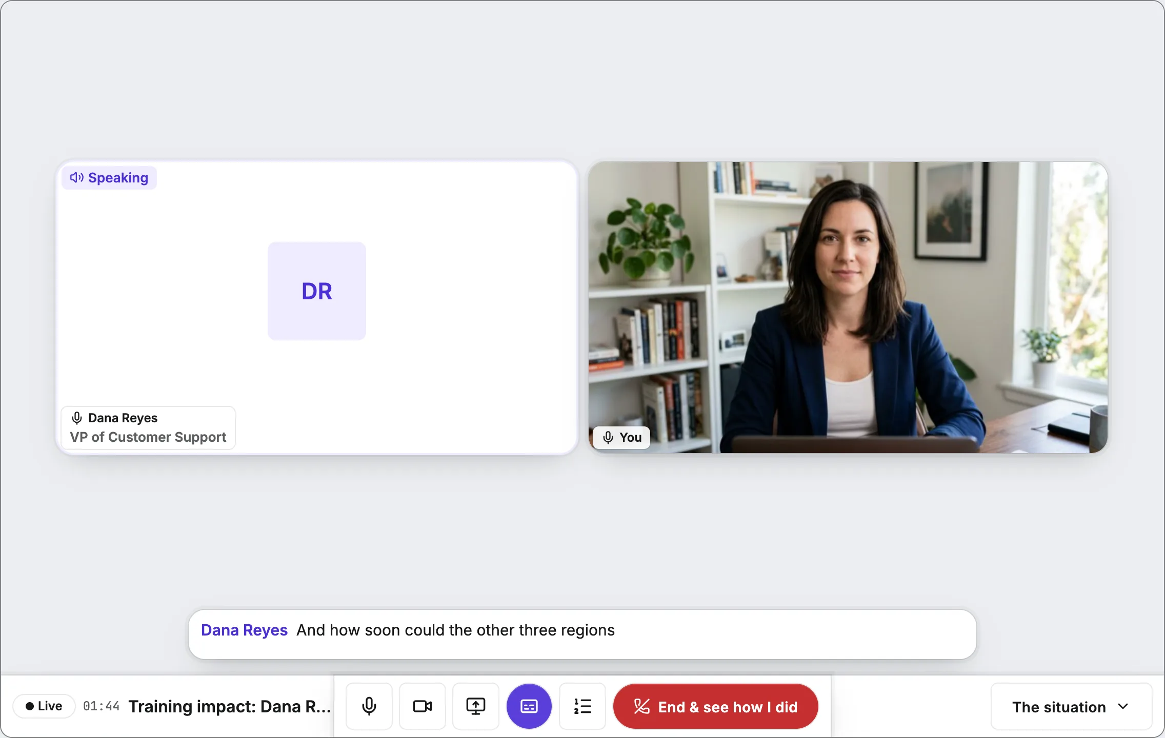 A learner on a live voice call with an AI customer, with captions of both sides of the conversation